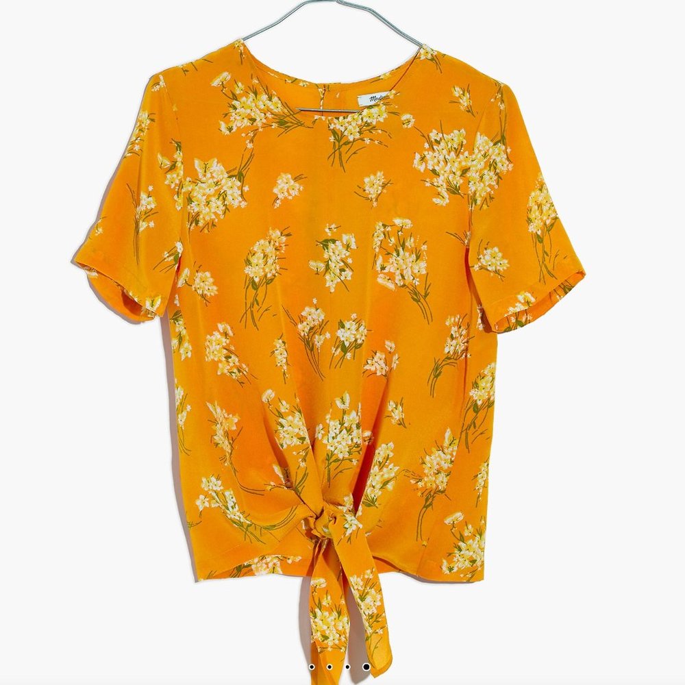 Madewell Front-Tie Back-Button Mustard Floral Blouse XS
